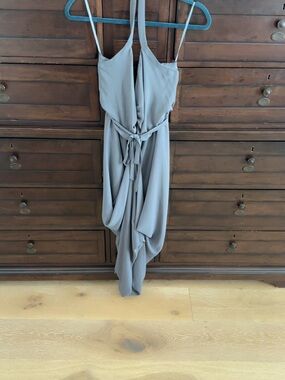 Paper Crown Draped Asymmetrical Spaghetti-Strap Dress in Taupe